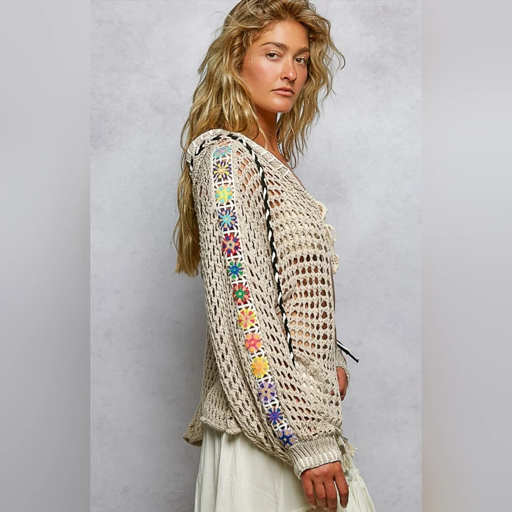 🐼#1109 POL Desert Bloom Crochet Zip Cardigan - Picture 3 of 5